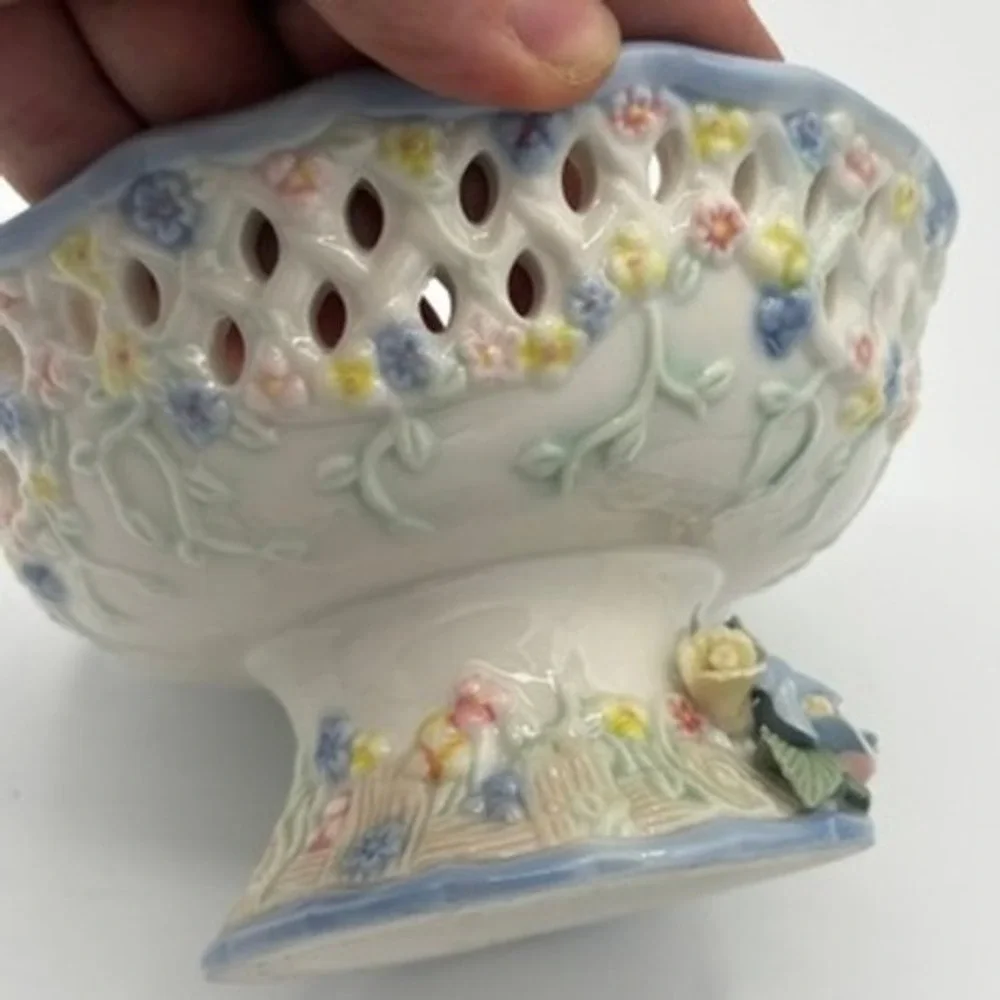 Cottagecore Porcelain Pedestal Candy Bowl Blue Floral Lattice Reticulated Dish